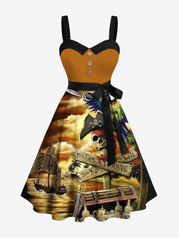 Plus Size Skull Pirate Parrot Sailboat Sea Treasure Print Hawaii Cruise Button A Line Dress with Removable Belt