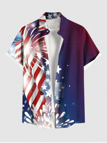 Plus Size Patriotic American Flag Fireworks Print Hawaii Ombre Button Pocket Shirt For Men - BLUE - 3XL