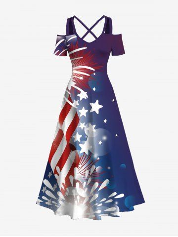 Plus Size Patriotic American Flag Fireworks Print Hawaii Ombre Cold Shoulder Crisscross A Line Maxi Dress - BLUE - M