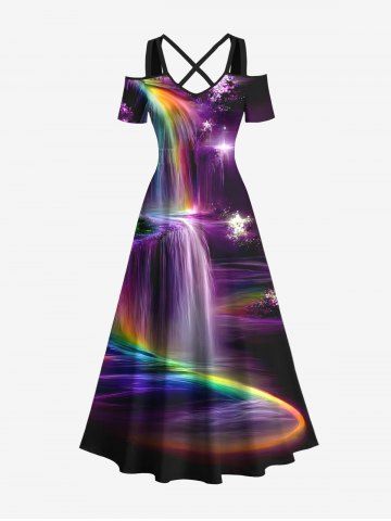 Plus Size Glitter Ombre Light Beam Fall Print Hawaii Cold Shoulder Crisscross A Line Maxi Dress - BLACK - M