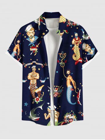 Plus Size Sailor Mermaid Patriotic American Flag Anchor Shark Print Hawaii Cruise Shirt For Men - BLACK - S