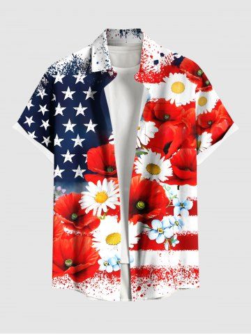 Plus Size Painting Splatter Patriotic American Flag Floral Print Hawaii Button Pocket Shirt For Men - RED - 6XL