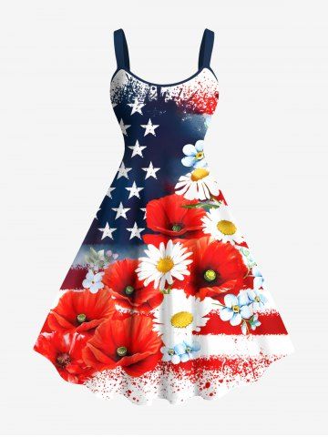 Plus Size Painting Splatter Patriotic American Flag Floral Print Hawaii A Line Tank Dress - RED - 4X