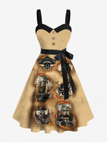 Plus Size Skull Pirate Ship Eagle Fire Flame Ripped 3D Print Buttons Turn Down Collar Hawaii Dress With Belt - COFFEE - 6X