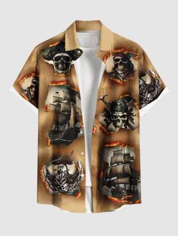 Plus Size Skull Pirate Ship Eagle Fire Flame Ripped 3D Print Buttons Pocket Hawaii Shirt For Men - COFFEE - 6XL