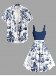 Tenue de plage hawaïenne assortie grande taille pour couple, motif tête de mort, bateau pirate, gouvernail, ancre, croisière - Blanc 