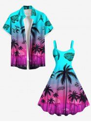 Coconut Tree Fighter Arms Ombre Print Plus Size Matching Hawaii Beach Outfit For Couples -  