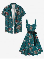 Skull Pirate Ship Rudder Gun Knif Cruise Print Plus Size Matching Hawaii Beach Outfit For Couples -  