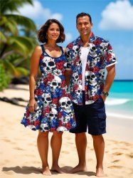 Skulls Two Tone Flower Patriotic American Flag Print Plus Size Matching Hawaii Beach Outfit For Couples -  