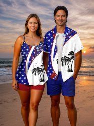 Patriotic American Flag Coconut Tree Print Plus Size Matching Hawaii Beach Outfit For Couples -  