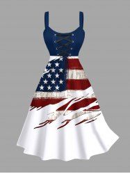 Plus Size Patriotic American Flag Print Lace Up Panel Tank Dress -  
