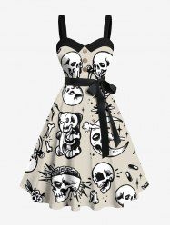 Plus Size Skulls Rose Flower Moon Diamond Print Buttons Turn Down Collar Hawaii Dress With Belt -  