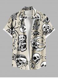 Plus Size Skulls Rose Flower Moon Diamond Print Buttons Pocket Shirt For Men -  