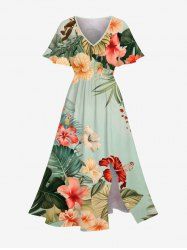 Plus Size Tropical Leaf Hibiscus Flowers Print Split Hawaii Midi Dress -  