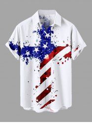 Chemise grande taille à imprimé 3D avec boutons et poche, motif drapeau américain patriotique et croix, paillettes scintillantes, pour homme - Blanc XL