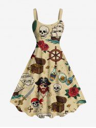 Plus Size Skull Pirate Rose Flower Ship Rudder Mermaid Cruise Print Hawaii Tank Dress -  