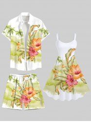 Coconut Tree Tropical Leaf Hibiscus Flowers Print Plus Size Matching Hawaii Beach Outfit For Couples -  