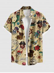 Chemise hawaïenne grande taille avec imprimé tête de mort, pirate, rose, fleur, bateau, gouvernail, sirène, croisière, boutons, poche, pour homme - Beige 3XL
