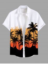 Plus Size Coconut Tree Colorblock Print Buttons Pocket Hawaii Shirt For Men -  
