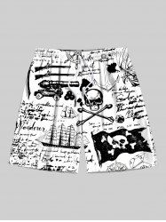 Plus Size Ink Painting Skull Pirate Sailboat Anchor Letters Print Hawaii Cruise Drawstring Beach Shorts For Men -  