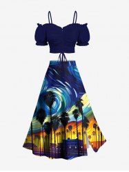 Solid Cinched Top and Spiral Painting Coconut Tree Night View Print Hawaii Split A Line Skirt Plus Size Matching Set -  