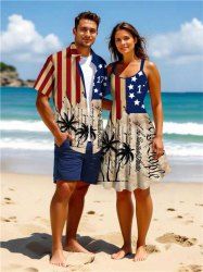 Patriotic American Flag Coconut Tree Distressed Newspaper Print Plus Size Matching Hawaii Beach Outfit For Couples -  