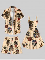 Skull Pirate Patriotic American Flag Rose Flower Eagle Print Plus Size Matching Outfit For Couples -  