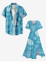 Tenue de plage hawaïenne assortie grande taille à imprimé cocotier, feuille tropicale, soleil et coquillage pour couples - Bleu 