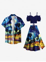 Peinture en spirale, cocotier, vue nocturne, imprimé grande taille, tenue de plage hawaïenne assortie pour couples - Bleu 