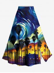 Plus Size Spiral Painting Coconut Tree Night View Print Hawaii Split A Line Skirt -  