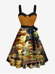 Plus Size Skull Pirate Parrot Sailboat Sea Treasure Print Hawaii Cruise Button A Line Dress with Removable Belt -  