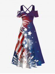 Plus Size Patriotic American Flag Fireworks Print Hawaii Ombre Cold Shoulder Crisscross A Line Maxi Dress -  