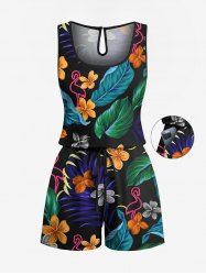 Plus Size Flower Flamingo Tropical Leaf Print Hawaii Drawstring Pocket Romper -  