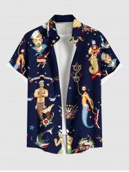 Plus Size Sailor Mermaid Patriotic American Flag Anchor Shark Print Hawaii Cruise Shirt For Men -  