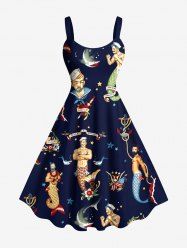 Plus Size Sailor Mermaid Patriotic American Flag Anchor Shark Print Hawaii Cruise A Line Tank Dress -  