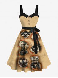 Robe hawaïenne grande taille avec imprimé 3D, col rabattu et ceinture, motif crâne, bateau pirate, aigle, feu, flammes, déchirée - café 3X
