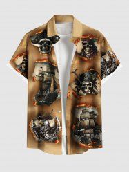 Chemise hawaïenne grande taille avec imprimé 3D, motif crâne, bateau pirate, aigle, feu, flamme, déchirée, boutons, poche, pour homme - café S