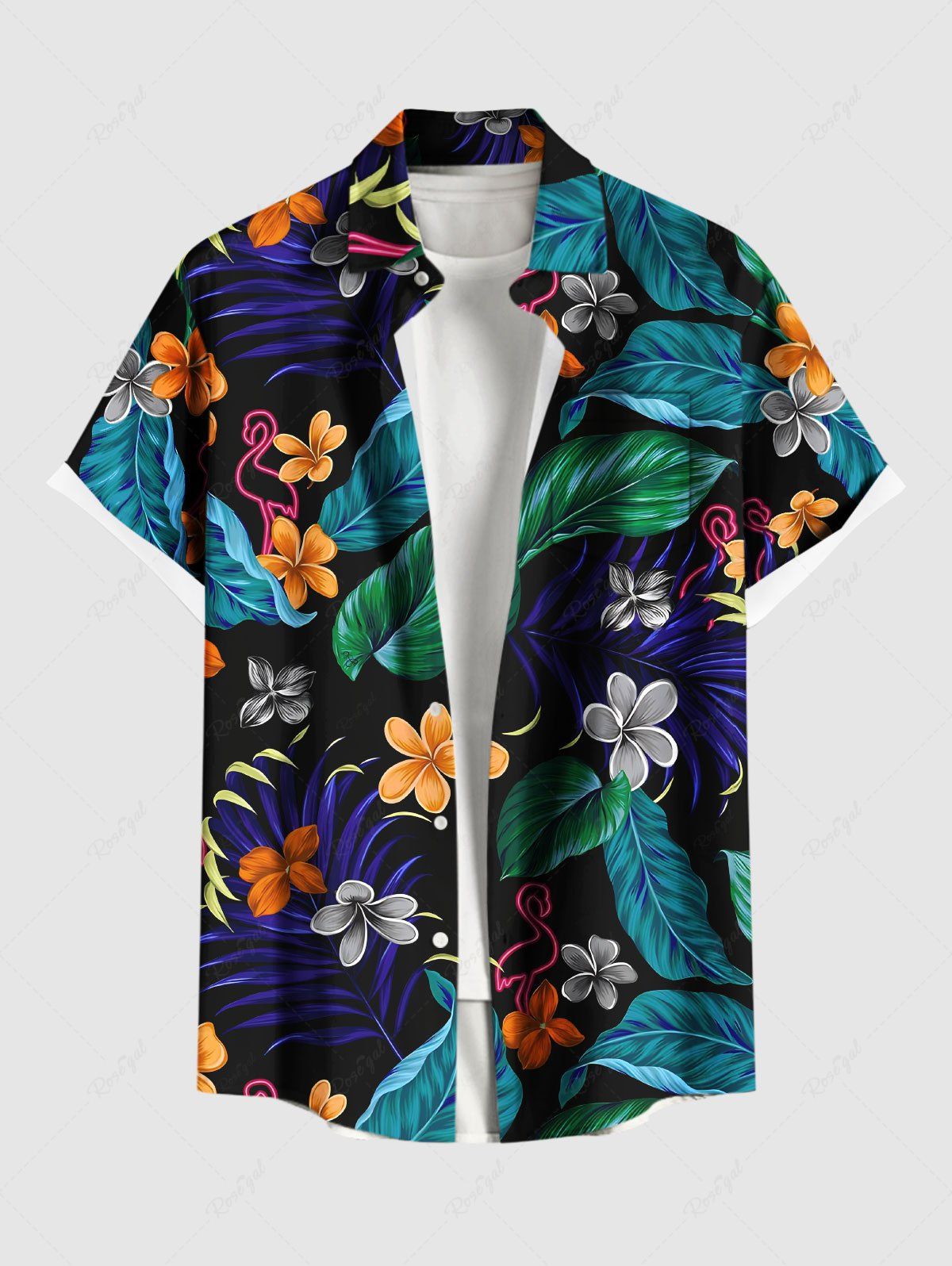 Chemise hawaïenne grande taille à imprimé floral, flamant rose et feuilles tropicales, avec poches boutonnées, pour homme Bleu XL