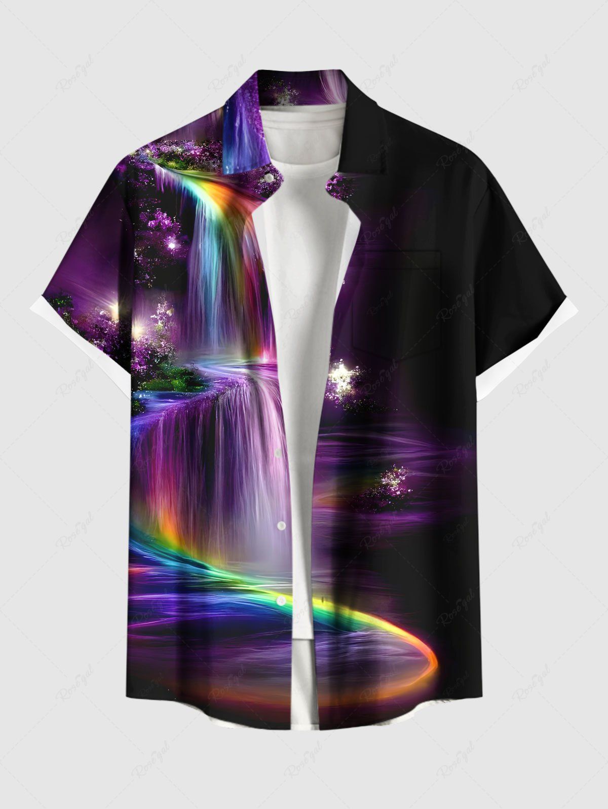Chemise hawaïenne à boutons et poches pour homme, grande taille, motif ombré pailleté et effet faisceau lumineux automnal Noir 2XL