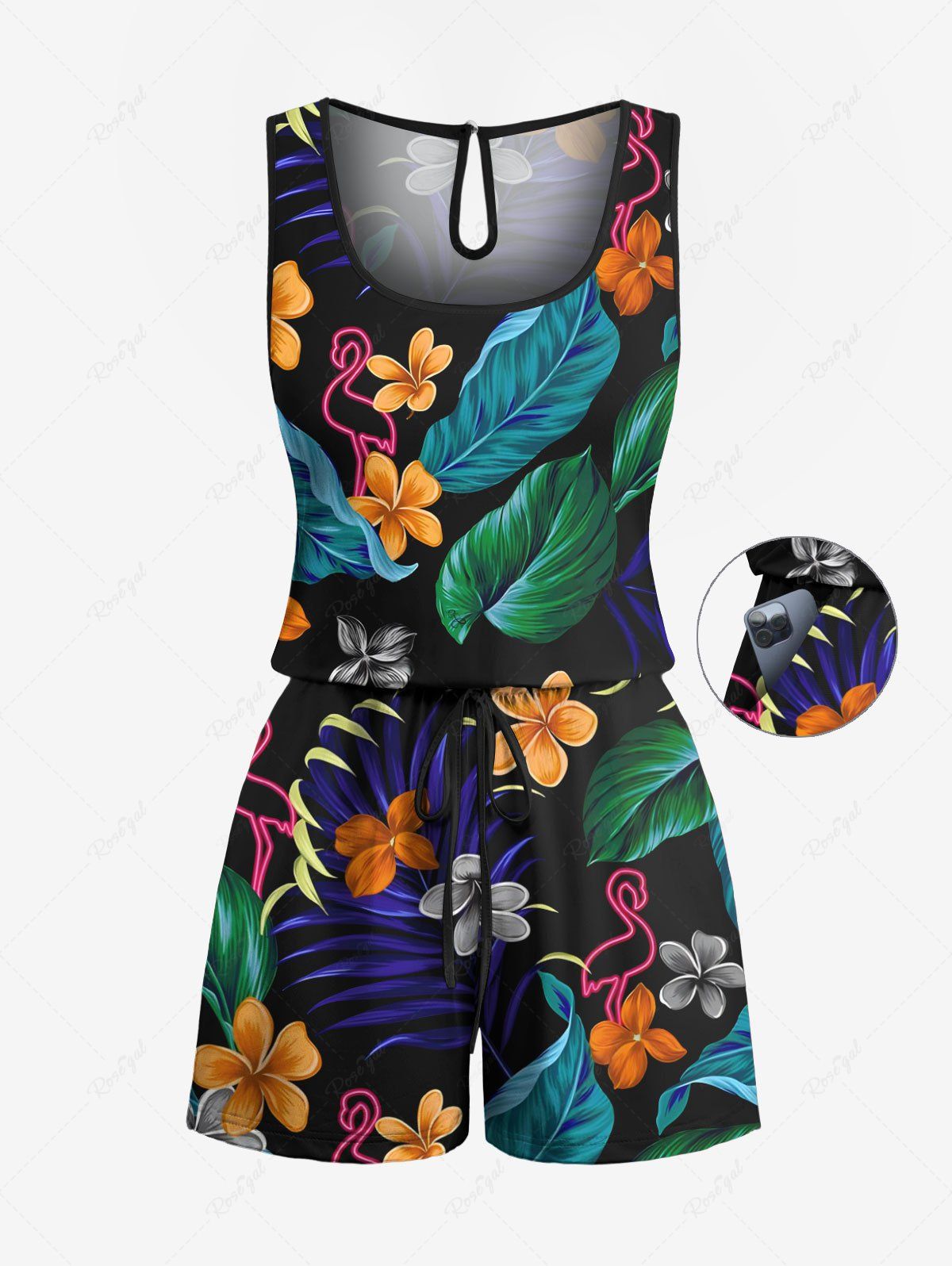 Combinaison grande taille à imprimé floral, flamant rose, feuilles tropicales, style hawaïen, avec cordon de serrage et poches Noir 6X