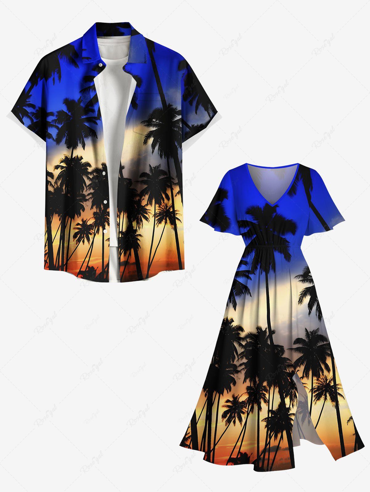 Tenue de plage hawaïenne assortie grande taille à imprimé cocotier et crépuscule pour couples Bleu 