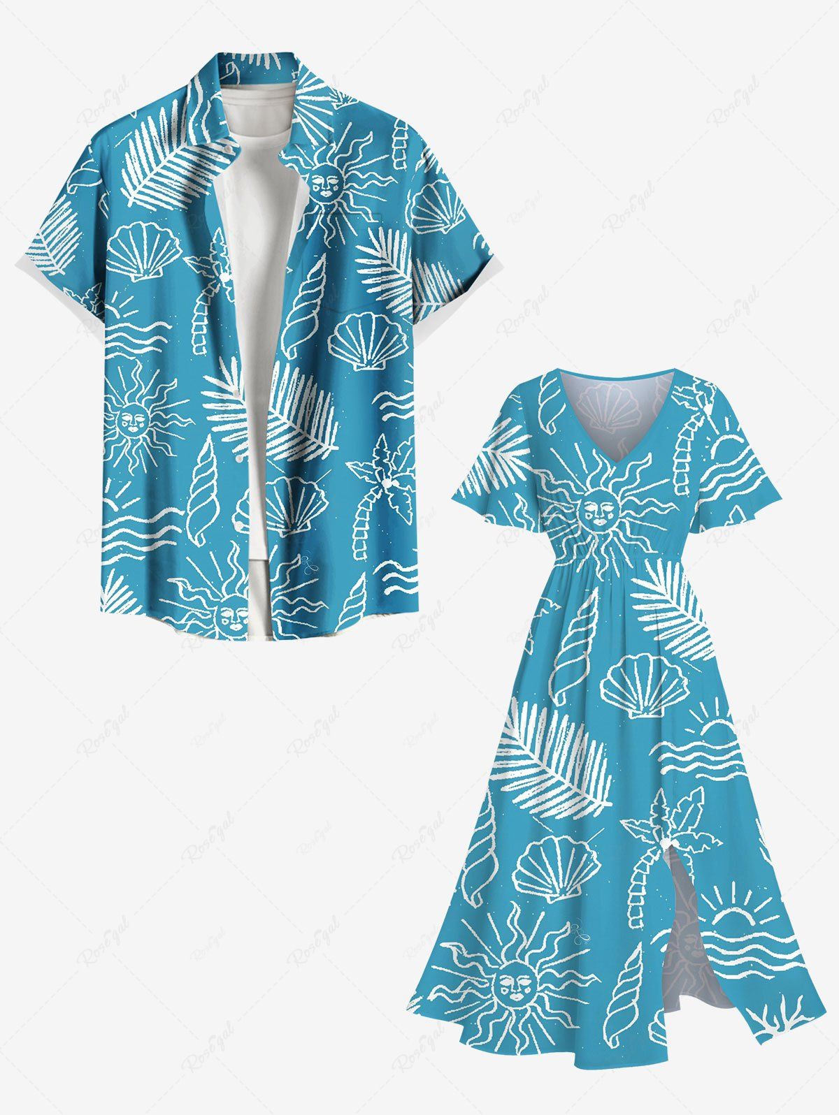 Tenue de plage hawaïenne assortie grande taille à imprimé cocotier, feuille tropicale, soleil et coquillage pour couples Bleu 