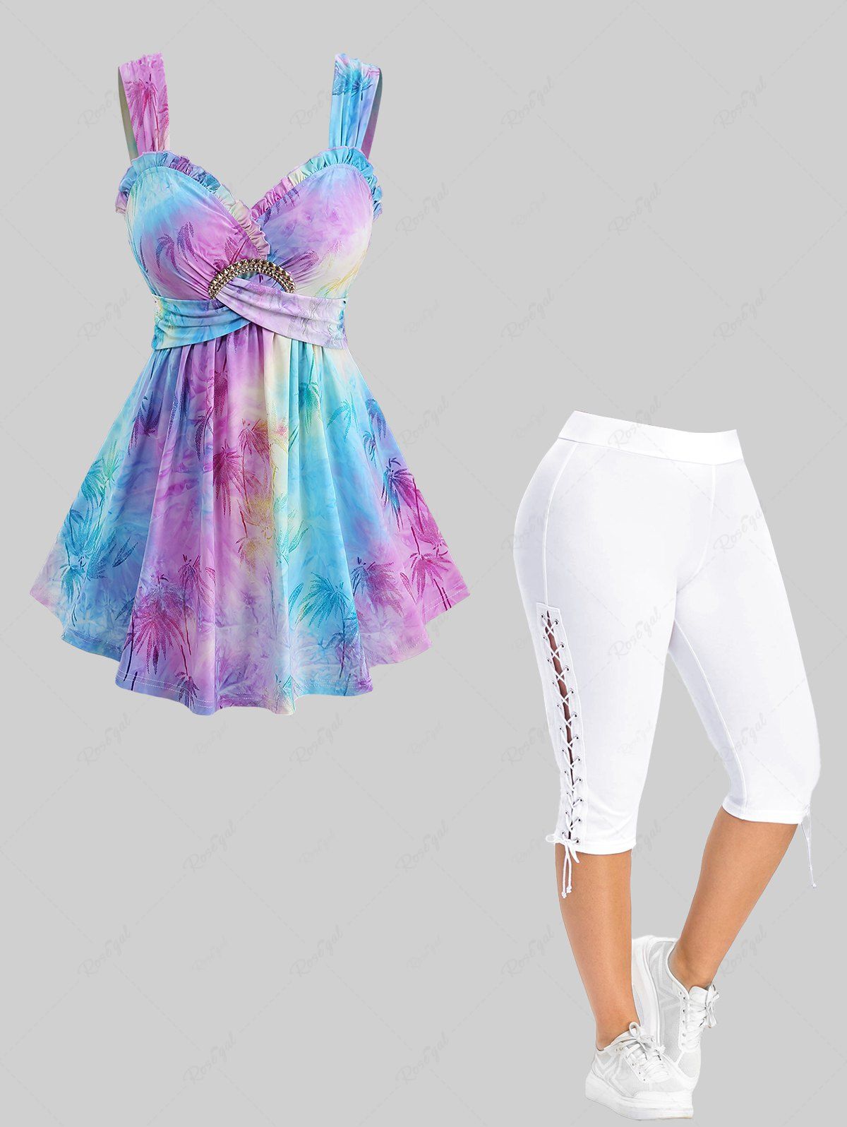 Discount Tie Dye Ombre Flocking Bamboo Leaf Tank Top and Lace Up Side Capri Pants Plus Size Outfit  