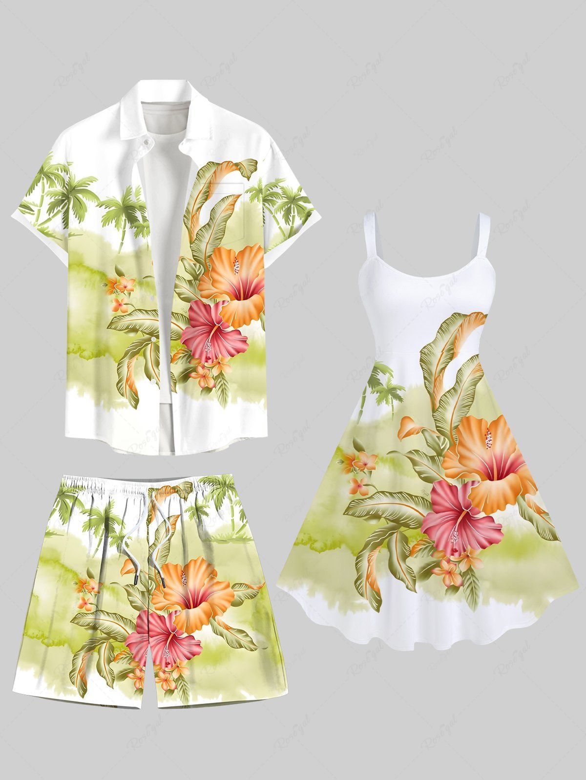 Cheap Coconut Tree Tropical Leaf Hibiscus Flowers Print Plus Size Matching Hawaii Beach Outfit For Couples  