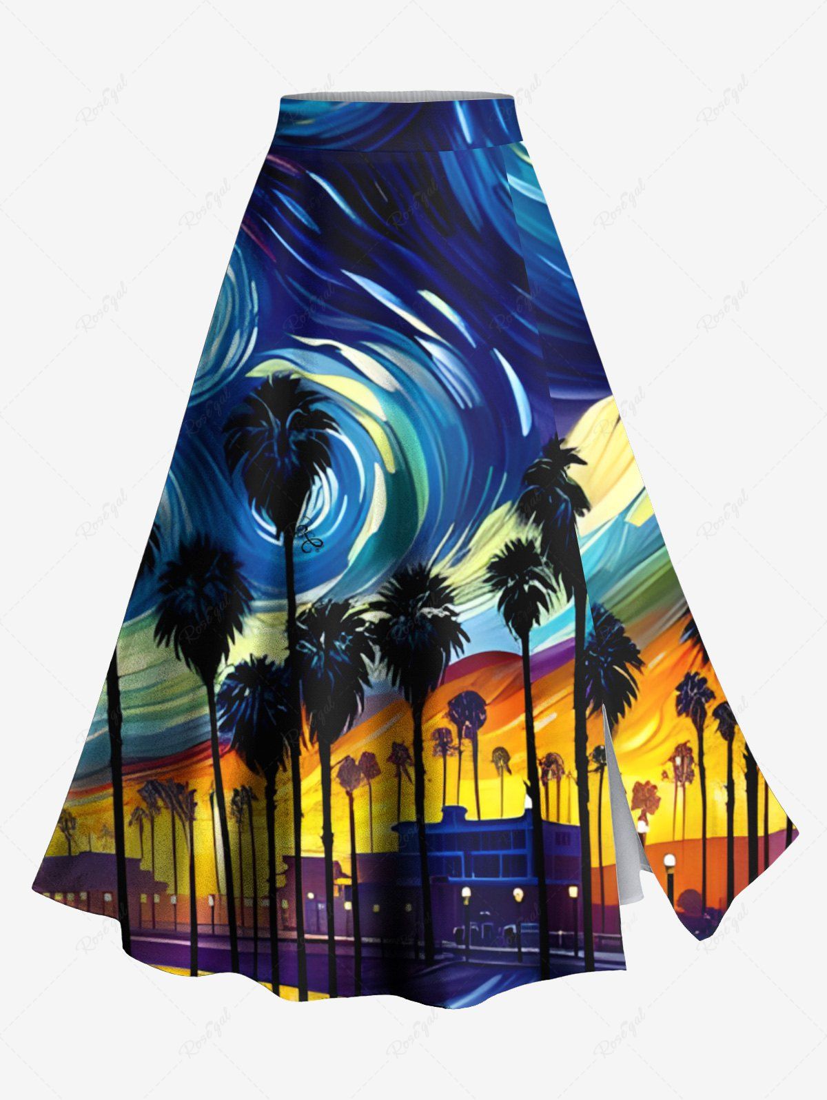 Sale Plus Size Spiral Painting Coconut Tree Night View Print Hawaii Split A Line Skirt  