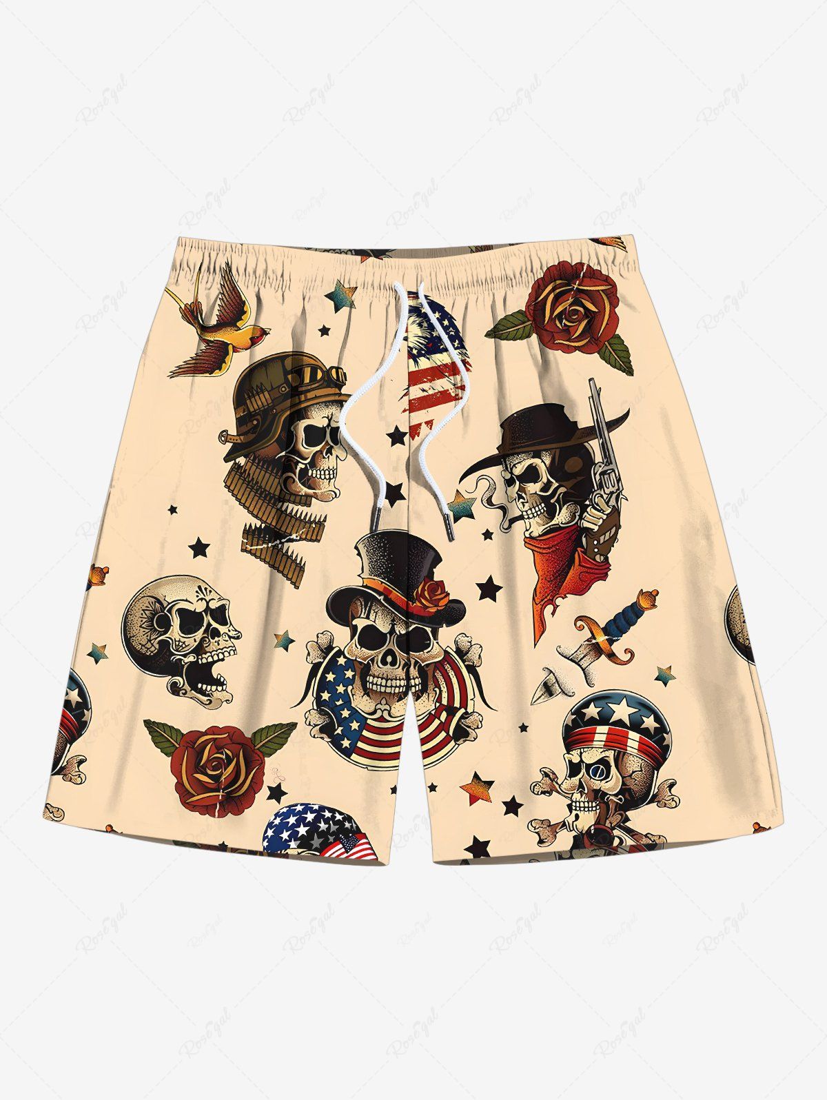 Hot Plus Size Skull Pirate Patriotic American Flag Rose Flower Eagle Print Hawaii Drawstring Beach Shorts For Men  