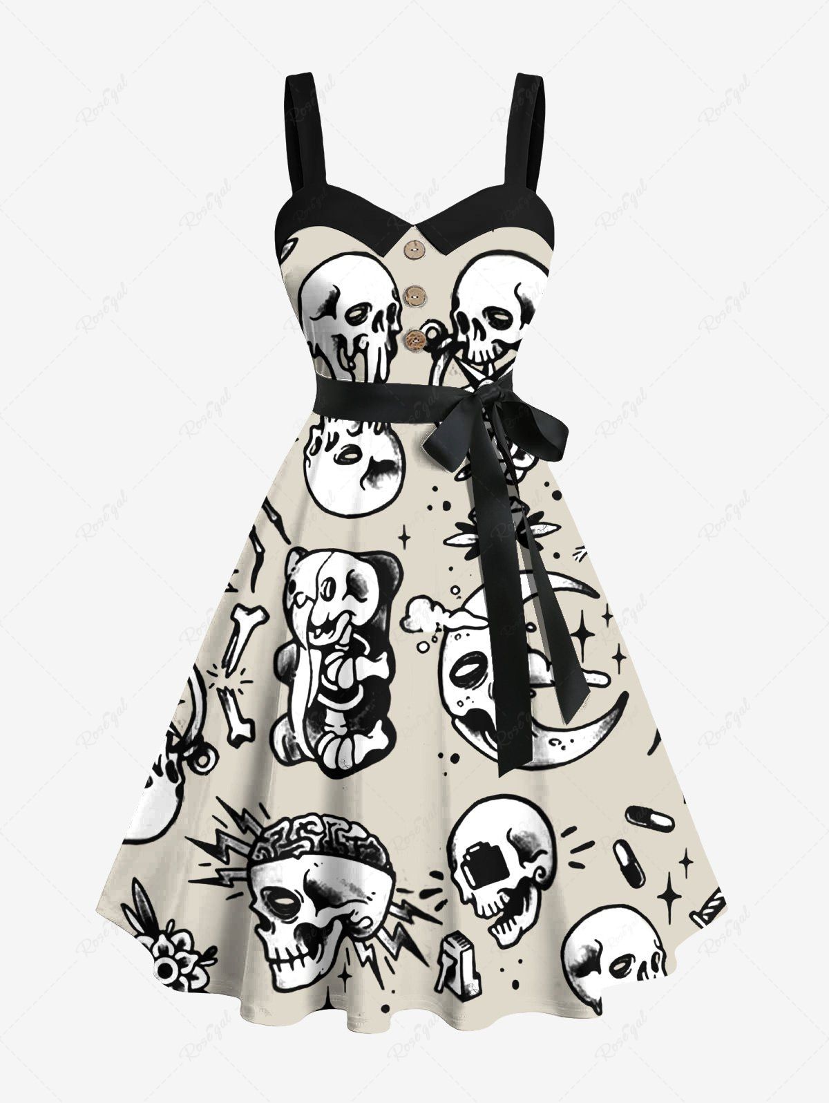 Buy Plus Size Skulls Rose Flower Moon Diamond Print Buttons Turn Down Collar Hawaii Dress With Belt  