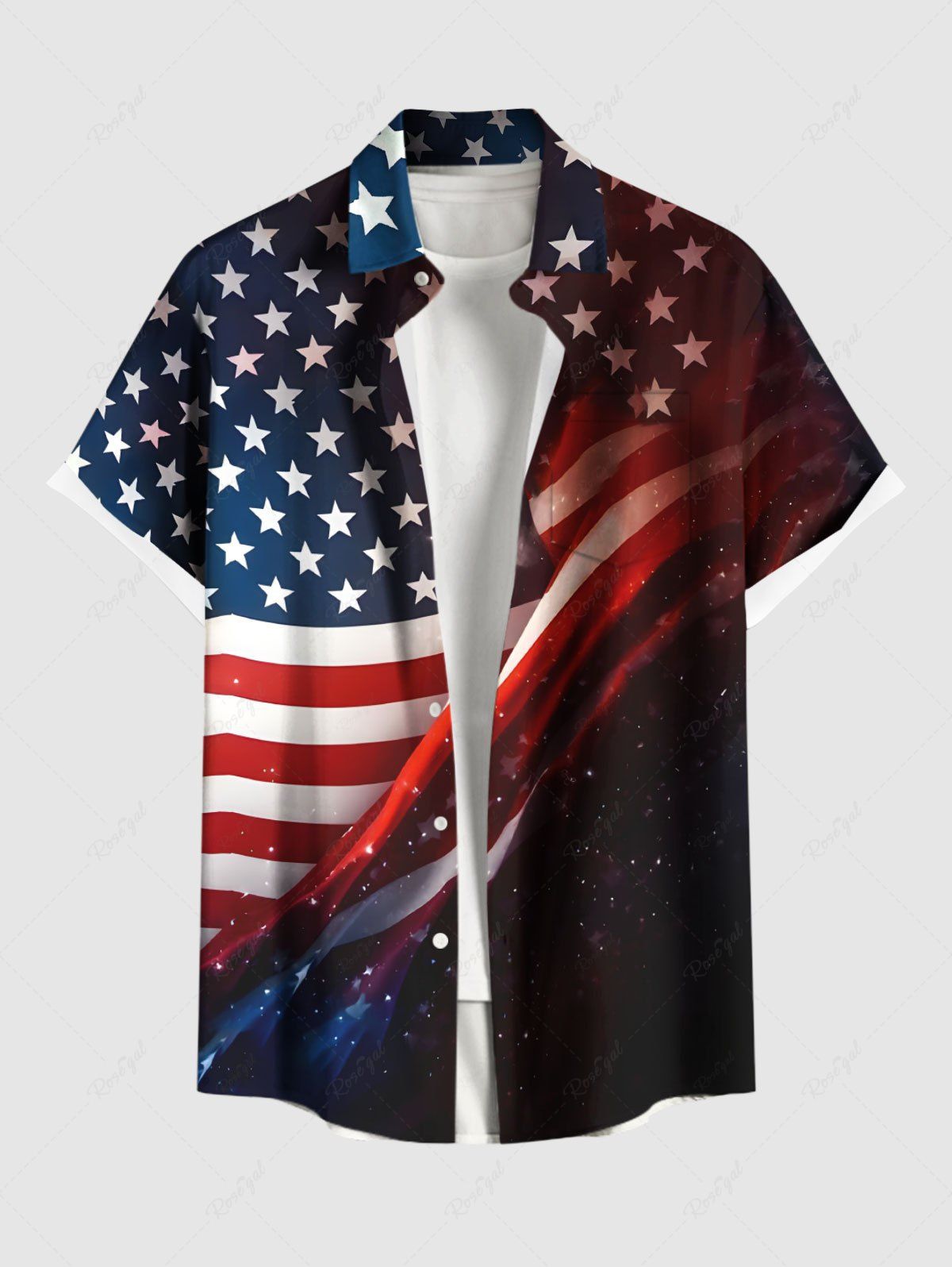 Chemise grande taille à boutons et poches, imprimé galaxie, drapeau américain patriotique, pour homme Bleu profond XL
