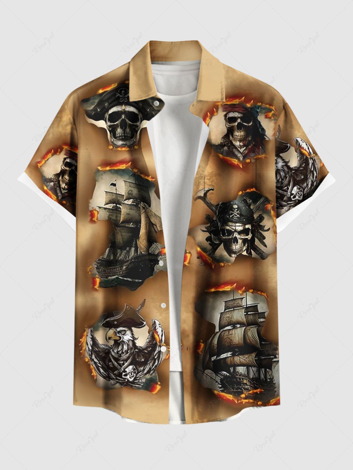 Chemise hawaïenne grande taille avec imprimé 3D, motif crâne, bateau pirate, aigle, feu, flamme, déchirée, boutons, poche, pour homme café S