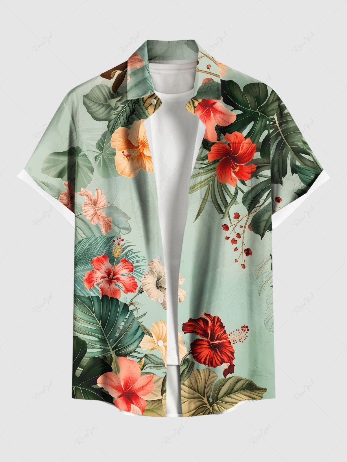 Chemise hawaïenne grande taille à imprimé feuilles tropicales et fleurs d'hibiscus, avec poches et boutons, pour homme Vert M